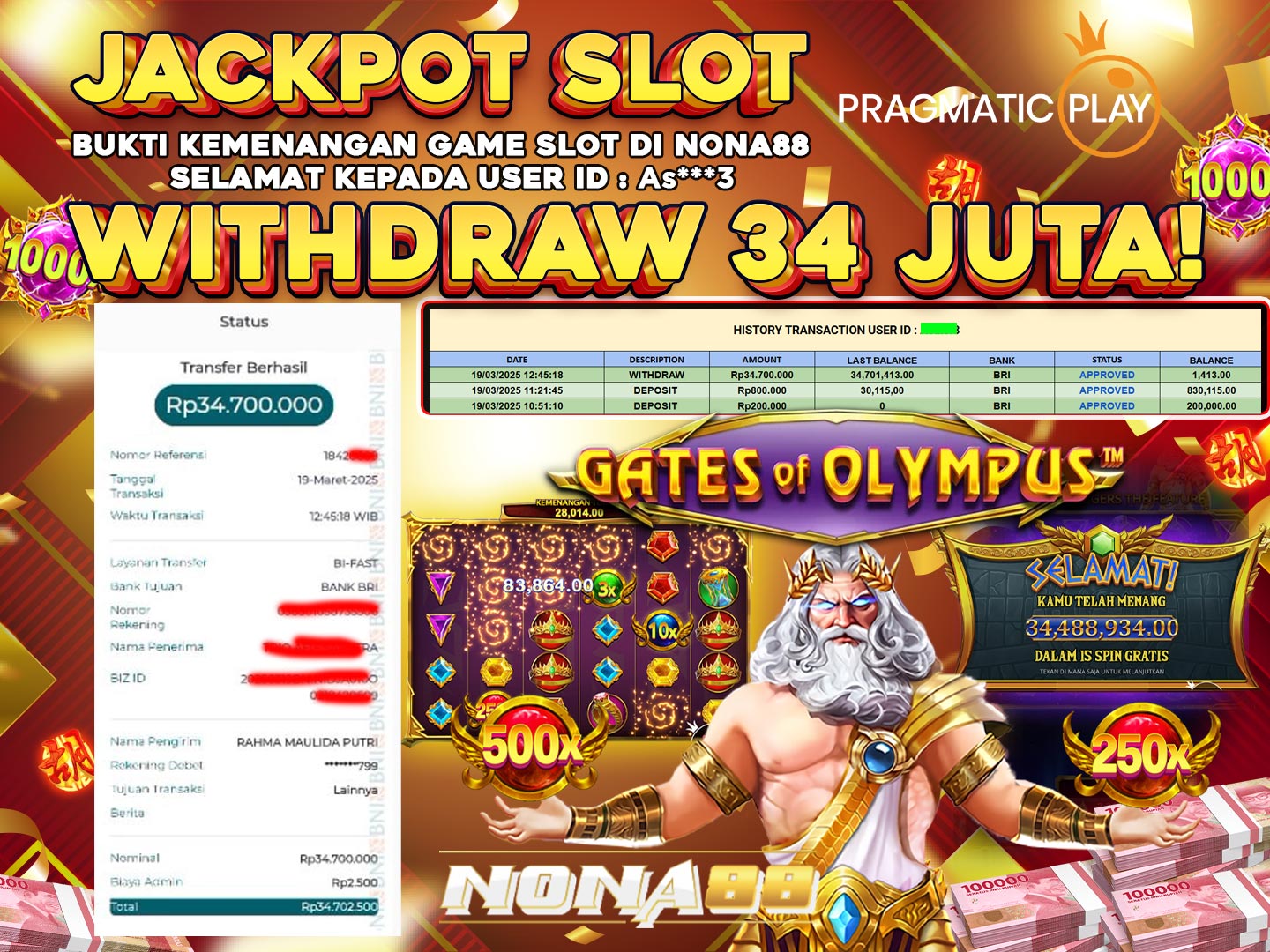 NONA88 JACKPOT SLOT - PP - GATES OF OLYMPUS 1000 RP 34,700,000 - LUNAS!!!