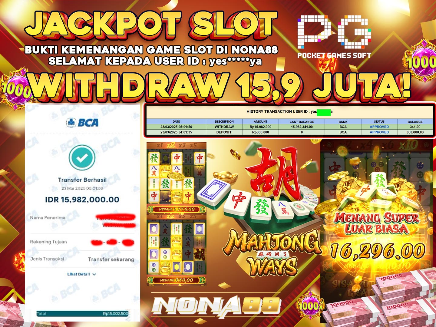 NONA88 JACKPOT SLOT - PG - MAHJONG WAYS RP 15,982,000 - LUNAS!!!